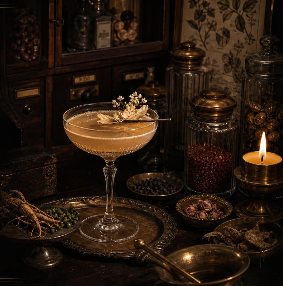 A coupe cocktail garnished with dried flowers on a brass tray, surrounded by apothecary jars of juniper, pink peppercorns and rose buds, lit by a single candle at Oriental Elixir